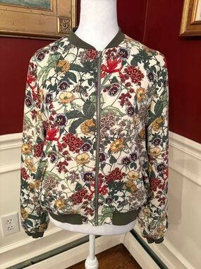 Floral Zara Trafaluc Lightweight Floral Bomber Jacket with Olive Trim